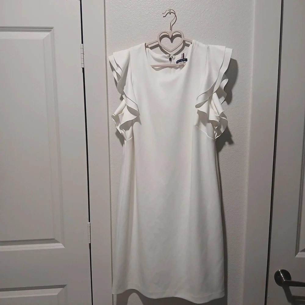 Tommy Hilfiger White Ruffle Sleeve Shift Dress Plus Size 16W Logo Zip